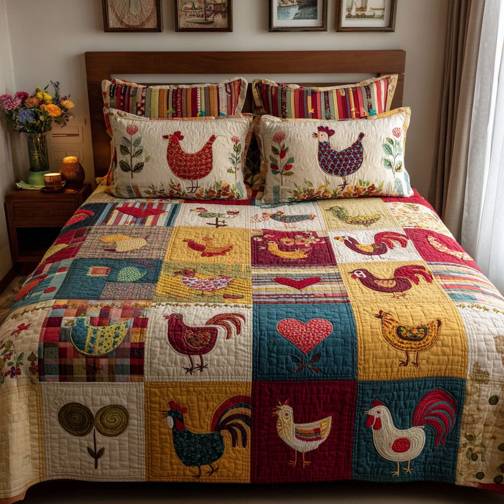 Barnyard Blessings quilted 3-piece bedding set on a made bed with two matching pillow shams