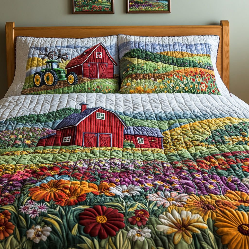 Barnyard Meadow quilted 3-piece bedding set on a made bed with two matching pillow shams