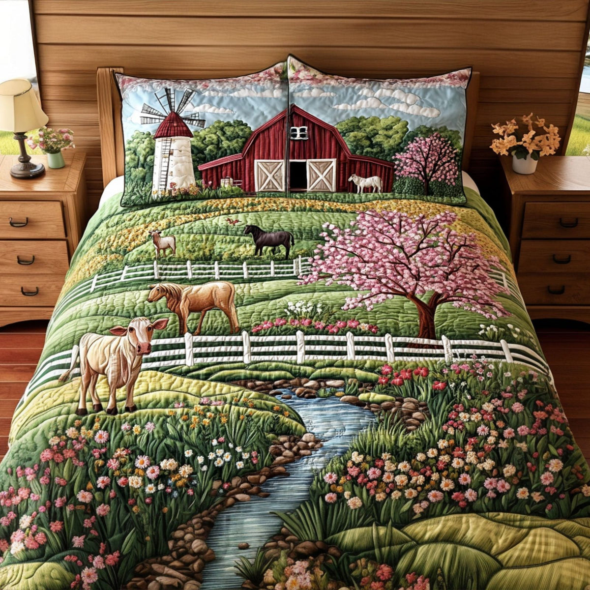 Barnyard Serenity quilted 3-piece bedding set on a made bed with two matching pillow shams