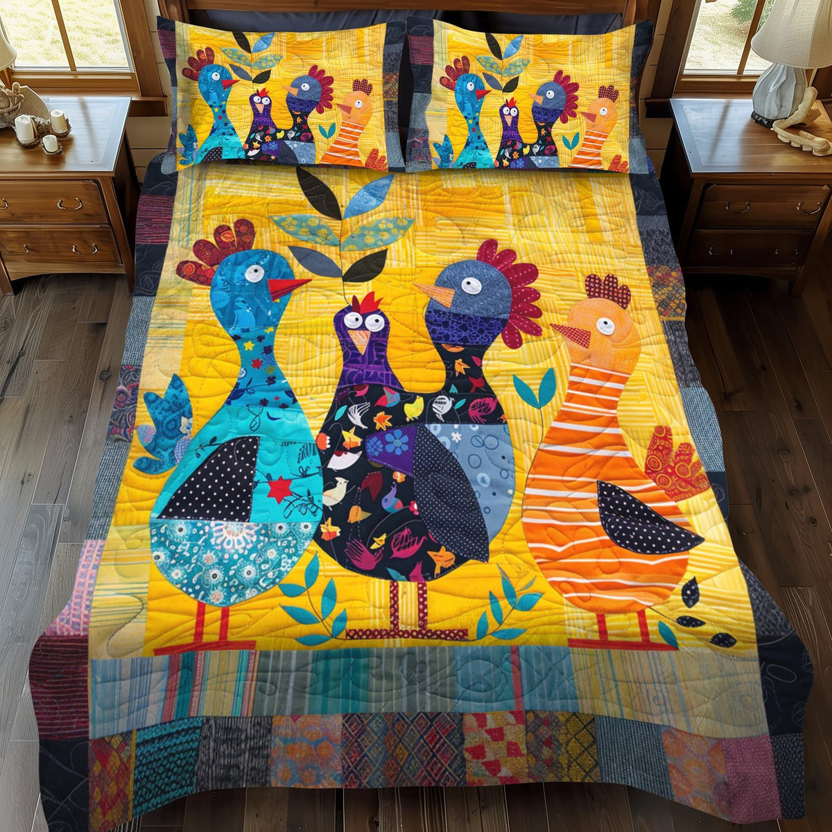 Barnyard Squad quilted 3-piece bedding set on a made bed with two matching pillow shams