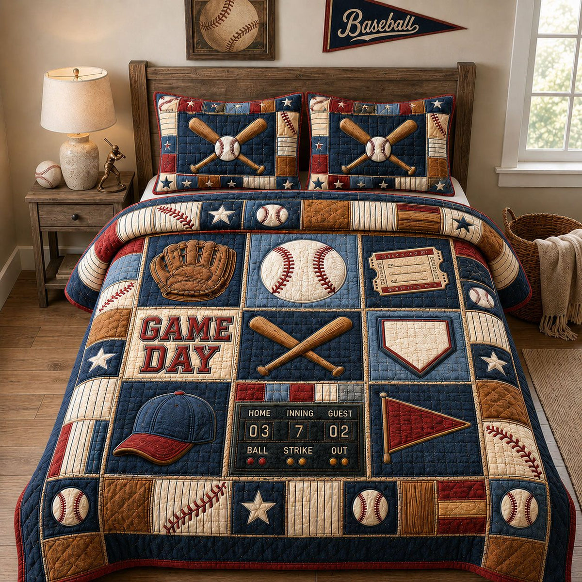 Baseball Game Day Legacy quilted 3-piece bedding set on a made bed with two matching pillow shams