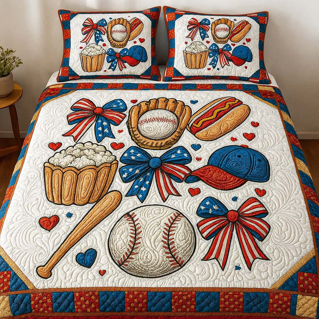 Baseball Picnic Fun quilted 3-piece bedding set on a made bed with two matching pillow shams
