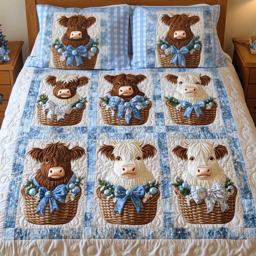Basket Charms quilted 3-piece bedding set on a made bed with two matching pillow shams