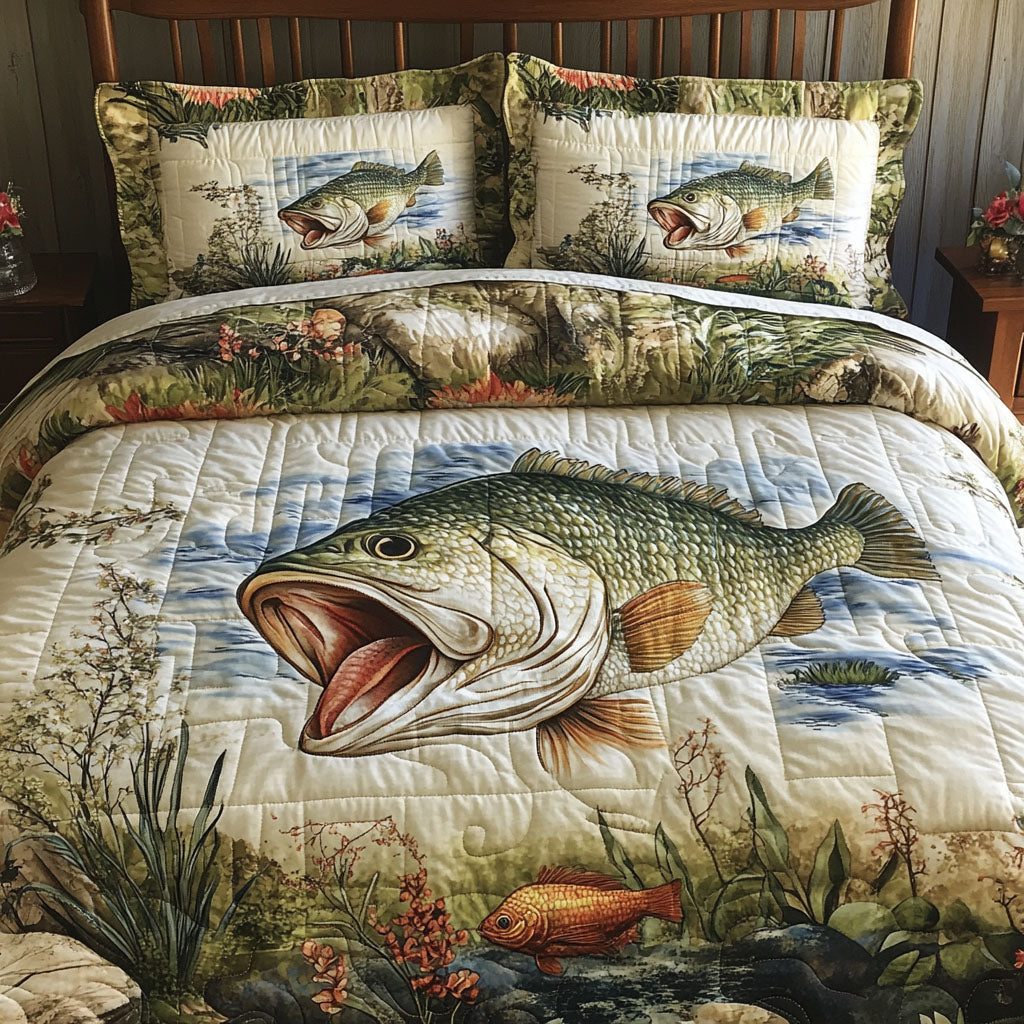 Bass Bound quilted 3-piece bedding set on a made bed with two matching pillow shams