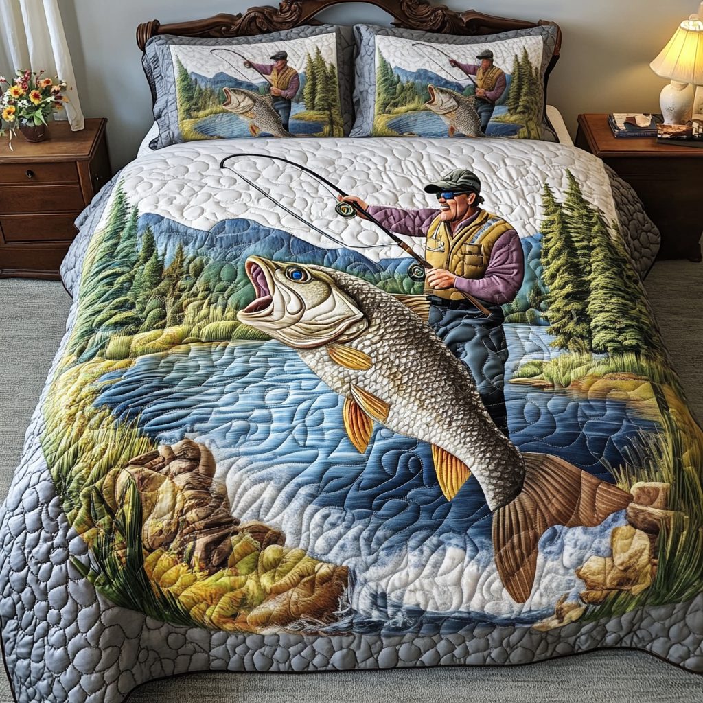 Bass Bound quilted 3-piece bedding set on a made bed with two matching pillow shams