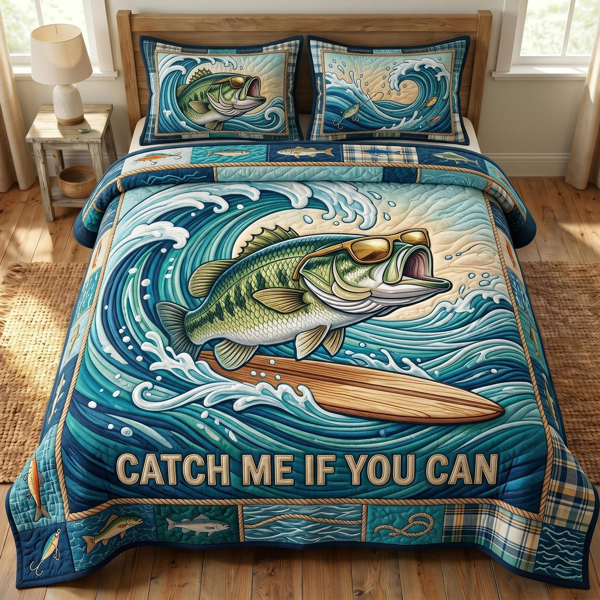 Bass Fishing quilted 3-piece bedding set on a made bed with two matching pillow shams