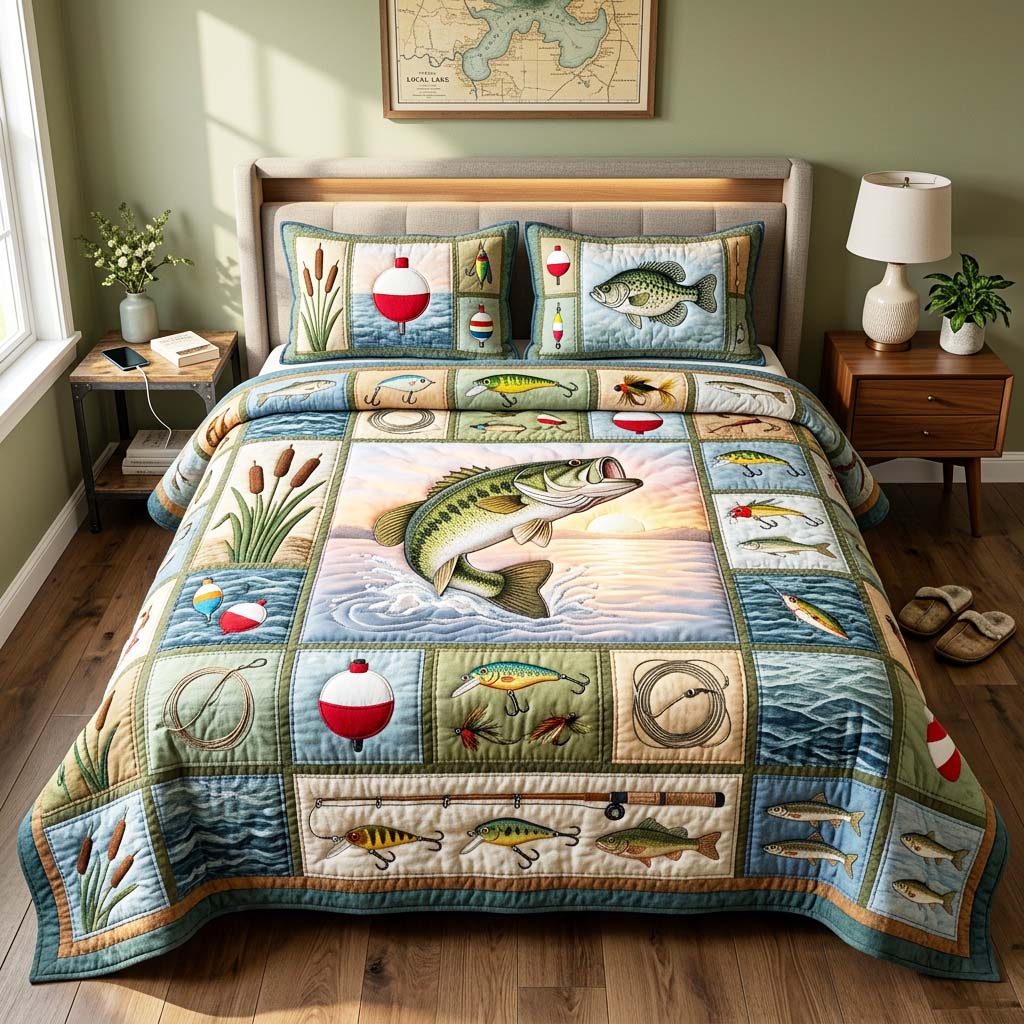 Bass Fishing quilted 3-piece bedding set on a made bed with two matching pillow shams