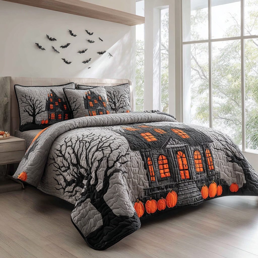 Bat Winged Estate quilted 3-piece bedding set on a made bed against a dark styled interior
