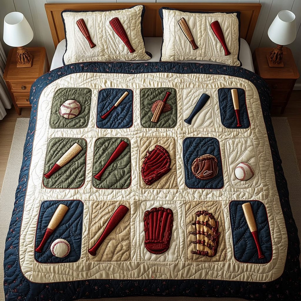 Batter Dream quilted 3-piece bedding set on a made bed with two matching pillow shams