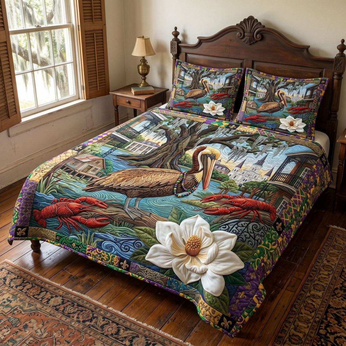 Bayou Patchwork quilted 3-piece bedding set on a made bed in a farmhouse bedroom
