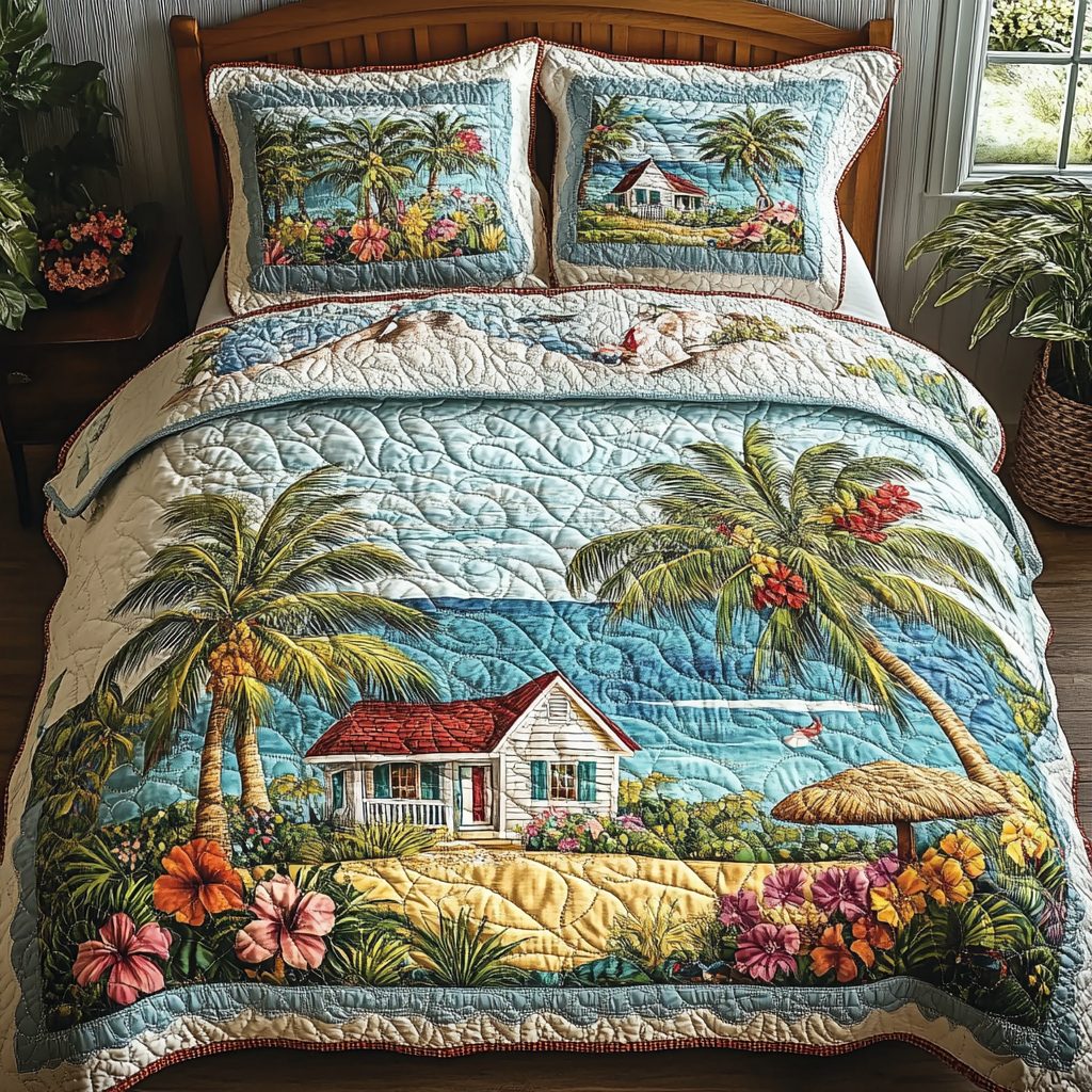 Bayside Bliss quilted 3-piece bedding set on a made bed with two matching pillow shams