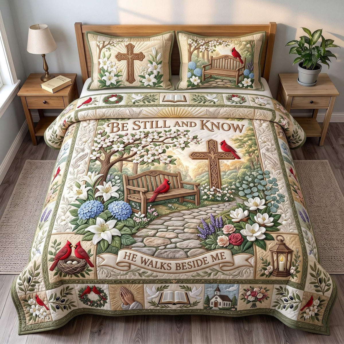 Be Still Cross quilted 3-piece bedding set on a made bed in a softly lit bedroom