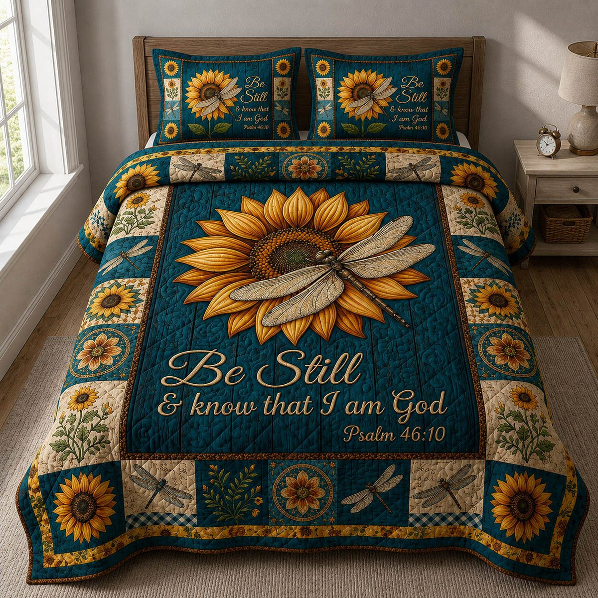 Be Still Dragonfly quilted 3-piece bedding set on a made bed with two matching pillow shams