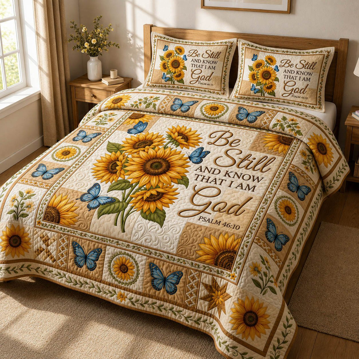 Be Still quilted 3-piece bedding set on a made bed with two matching pillow shams