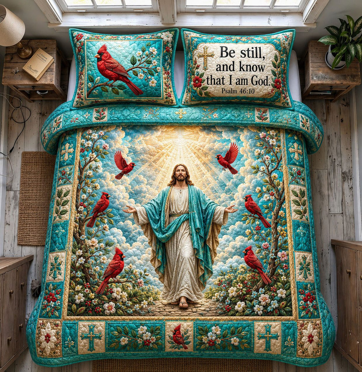 Be Still with God quilted 3-piece bedding set on a made bed in a softly lit bedroom