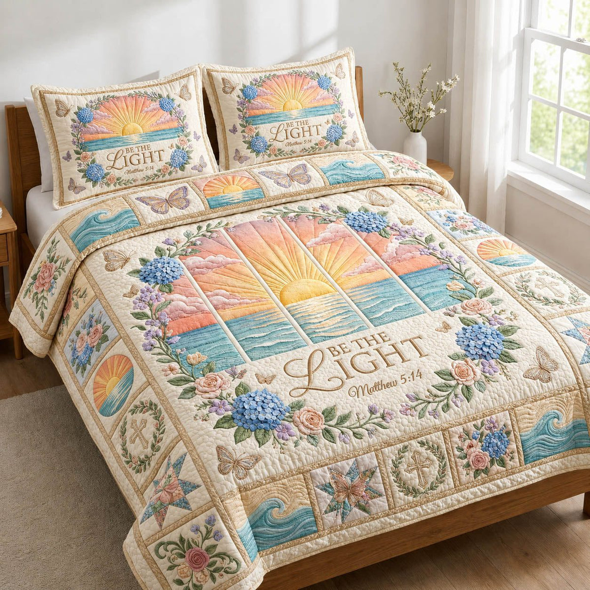 Be The Light Matthew quilted 3-piece bedding set on a made bed with two matching pillow shams