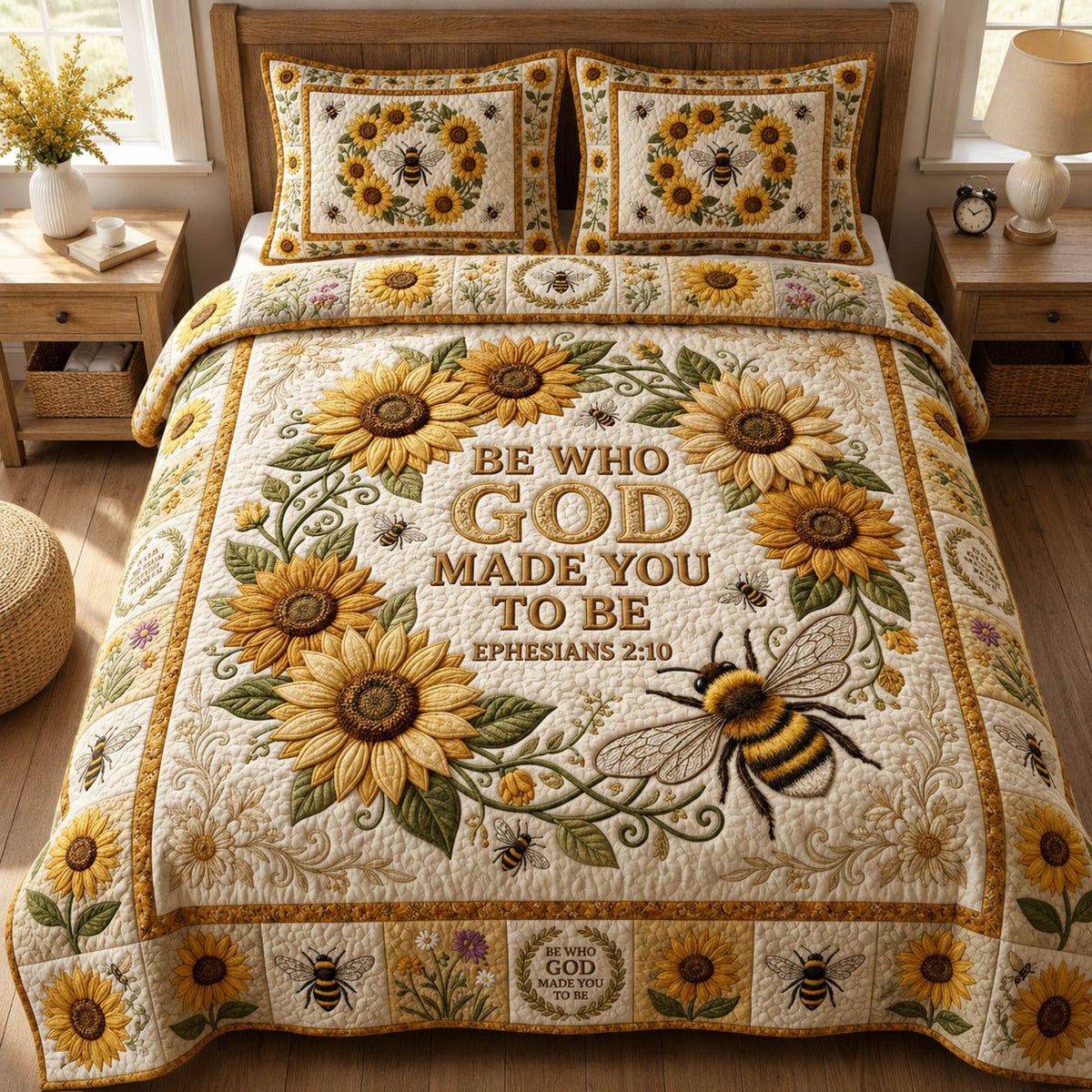 Be Who God Made You To Be quilted 3-piece bedding set on a made bed in a softly lit bedroom