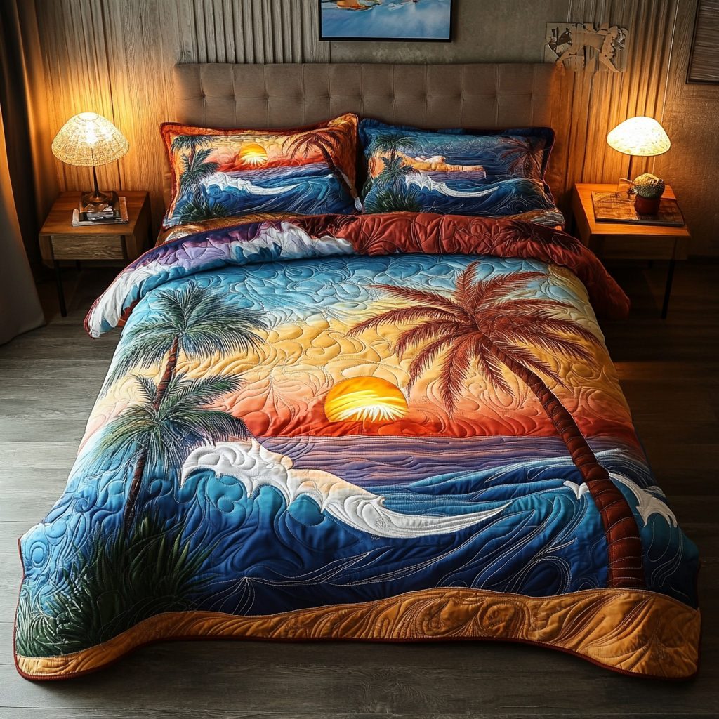 Beach Bliss quilted 3-piece bedding set on a made bed in a light coastal bedroom