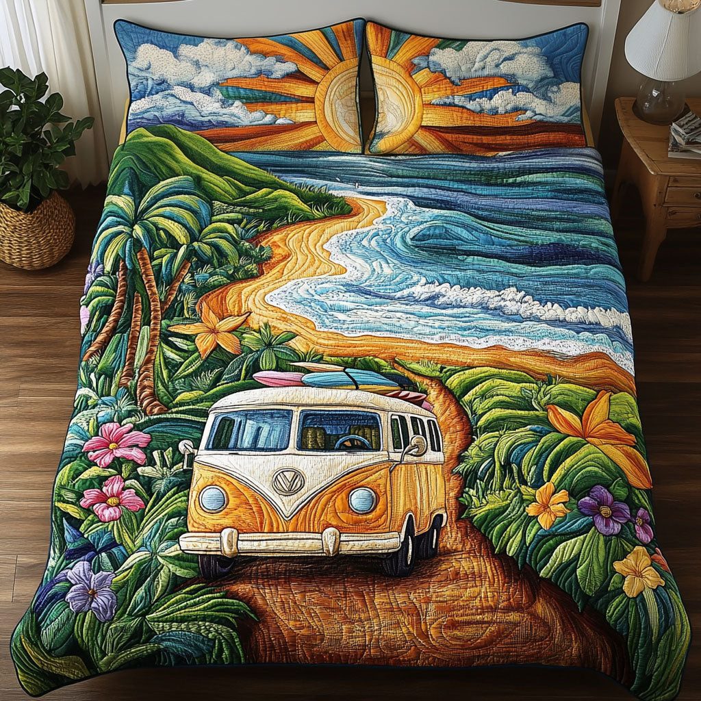 Beach Breeze Journey quilted 3-piece bedding set on a made bed in a light coastal bedroom