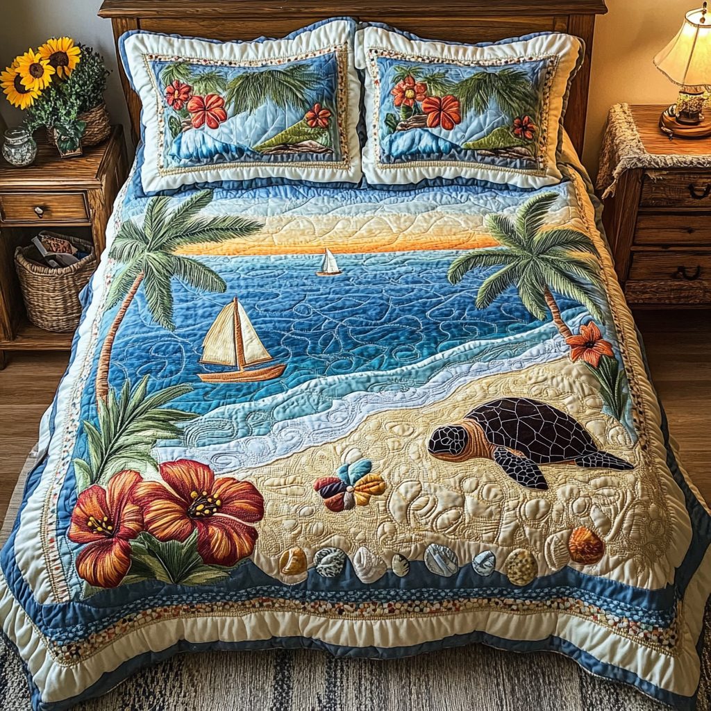 Beach Breeze quilted 3-piece bedding set on a made bed in a light coastal bedroom