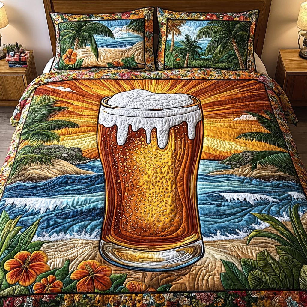 Beach Brew quilted 3-piece bedding set on a made bed in a light coastal bedroom