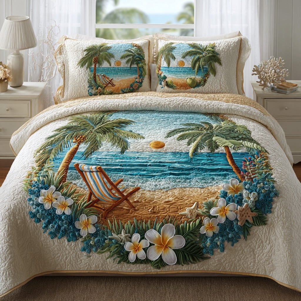 Beach Chair quilted 3-piece bedding set on a made bed in a light coastal bedroom