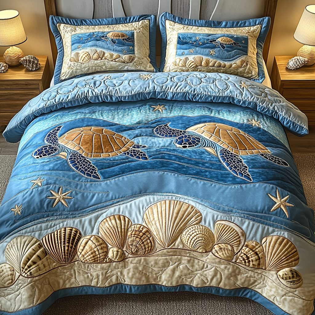 Beach Dream quilted 3-piece bedding set on a made bed in a light coastal bedroom