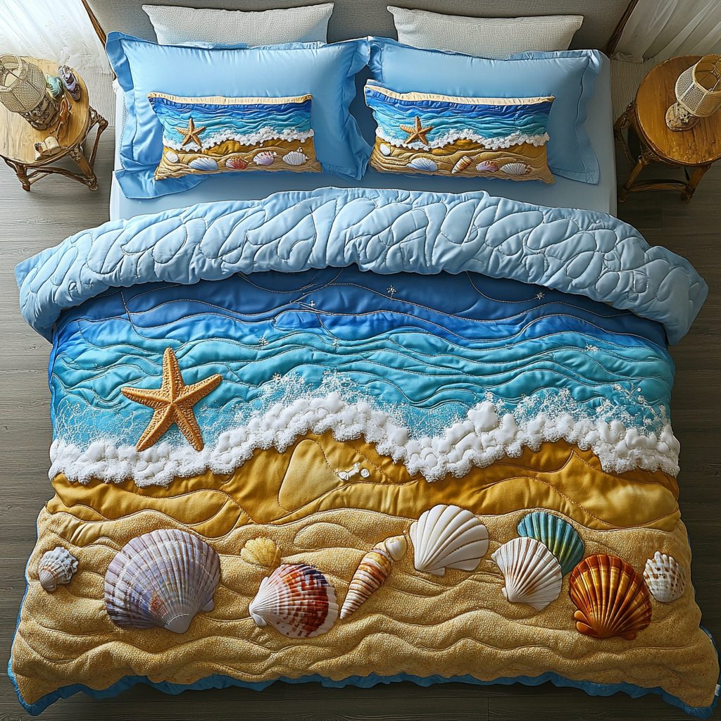 Beach Escape quilted 3-piece bedding set on a made bed in a light coastal bedroom