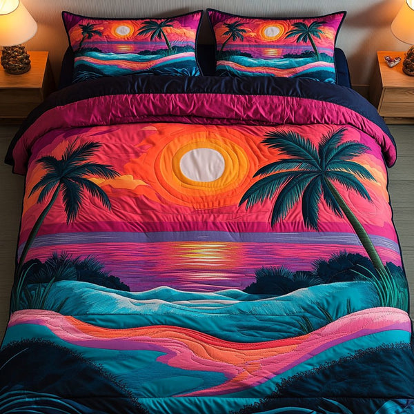 Beach Glow quilted 3-piece bedding set on a made bed in a light coastal bedroom