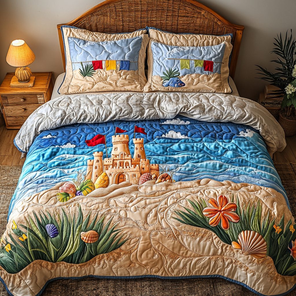 Beach Haven quilted 3-piece bedding set on a made bed in a light coastal bedroom