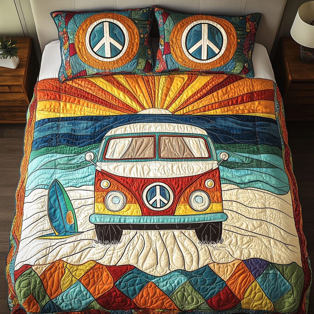 Beach Vibes quilted 3-piece bedding set on a made bed in a light coastal bedroom