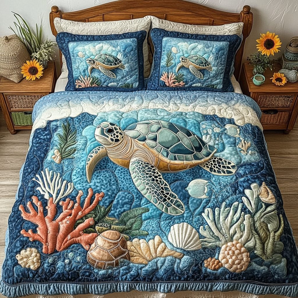 Beach Vibes quilted 3-piece bedding set on a made bed in a light coastal bedroom