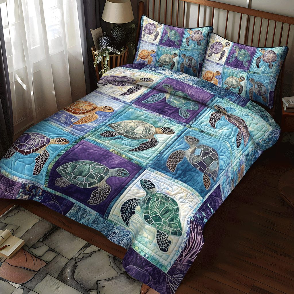 Beachfront Harmony quilted 3-piece bedding set on a made bed in a light coastal bedroom
