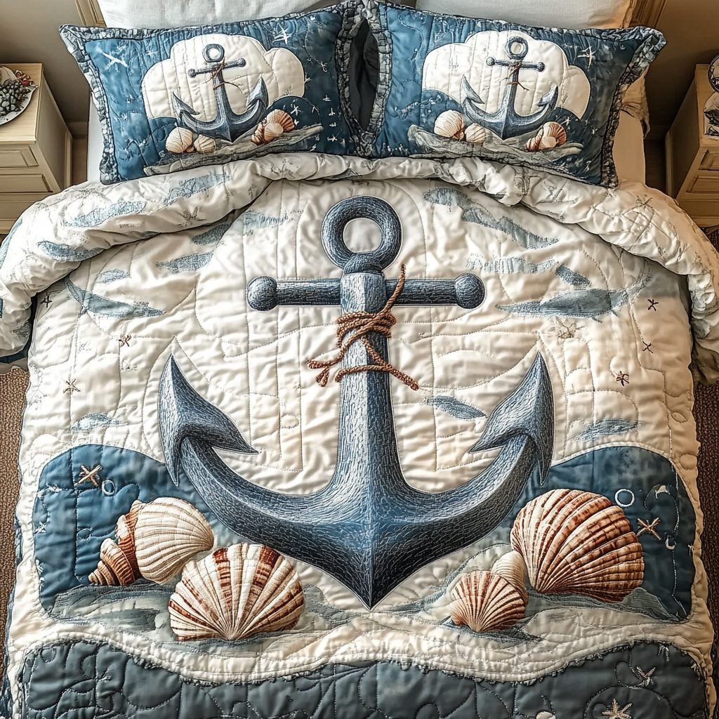 Beachside Escape quilted 3-piece bedding set on a made bed in a light coastal bedroom