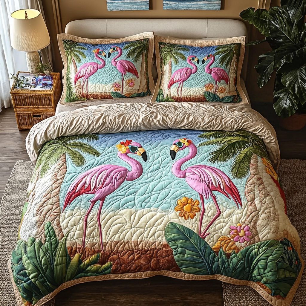 Beachside Flamingos quilted 3-piece bedding set on a made bed in a light coastal bedroom