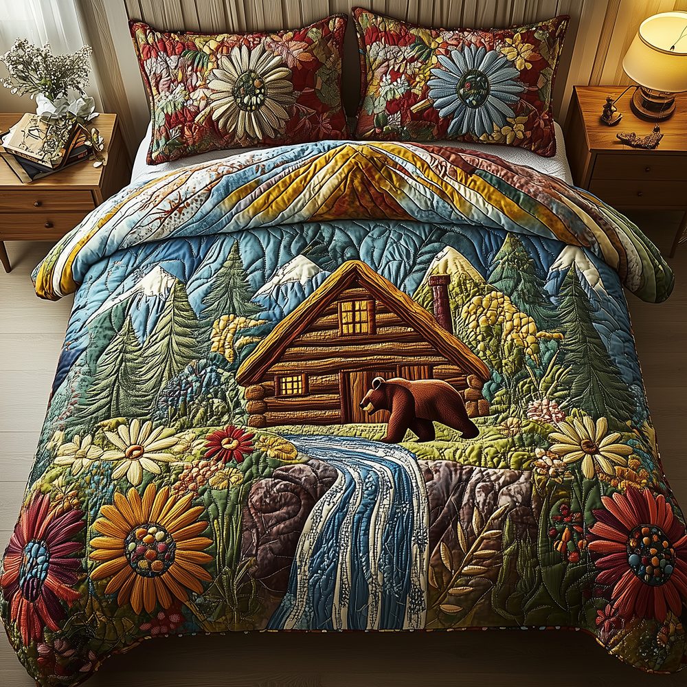 Bear and Cabin quilted 3-piece bedding set on a made bed with two matching pillow shams