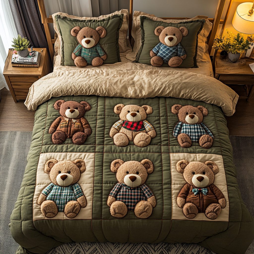 Bear Bliss quilted 3-piece bedding set on a made bed with two matching pillow shams