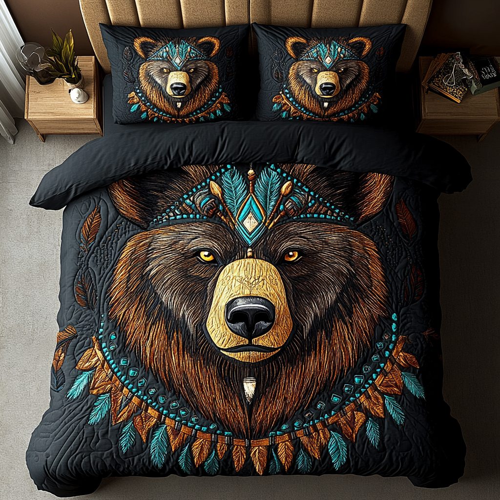 Bear Clan Designs quilted 3-piece bedding set on a made bed with two matching pillow shams