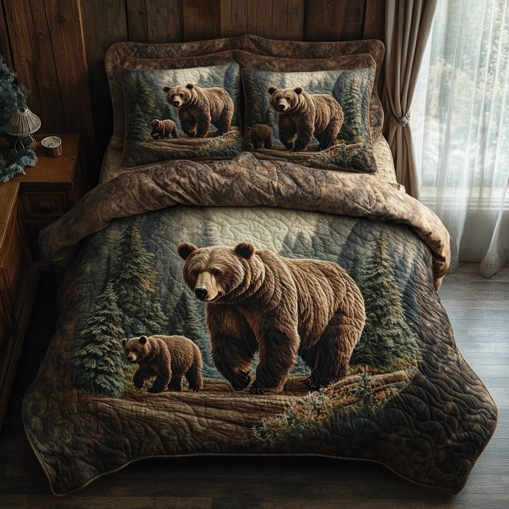 Bear Country quilted 3-piece bedding set on a made bed in a farmhouse bedroom