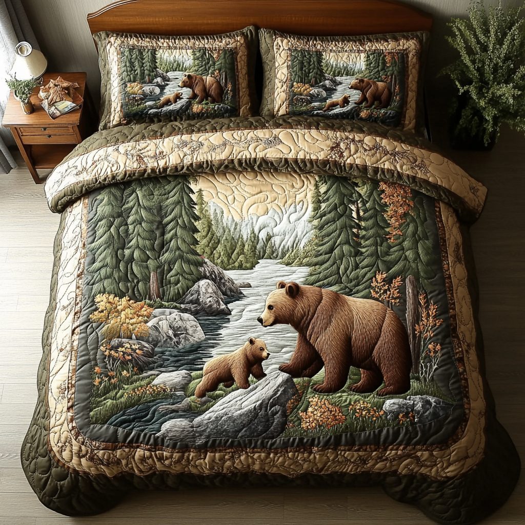 Bear Creek quilted 3-piece bedding set on a made bed with two matching pillow shams