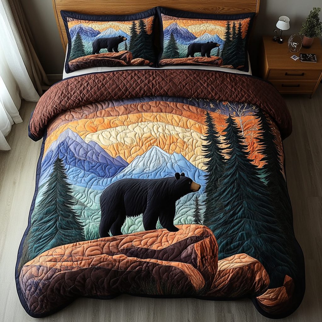 Bear Den quilted 3-piece bedding set on a made bed with two matching pillow shams