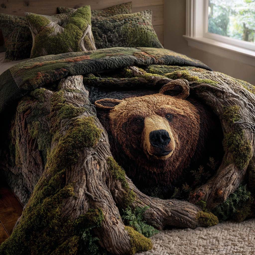 Bear Dreams quilted 3-piece bedding set on a made bed with two matching pillow shams