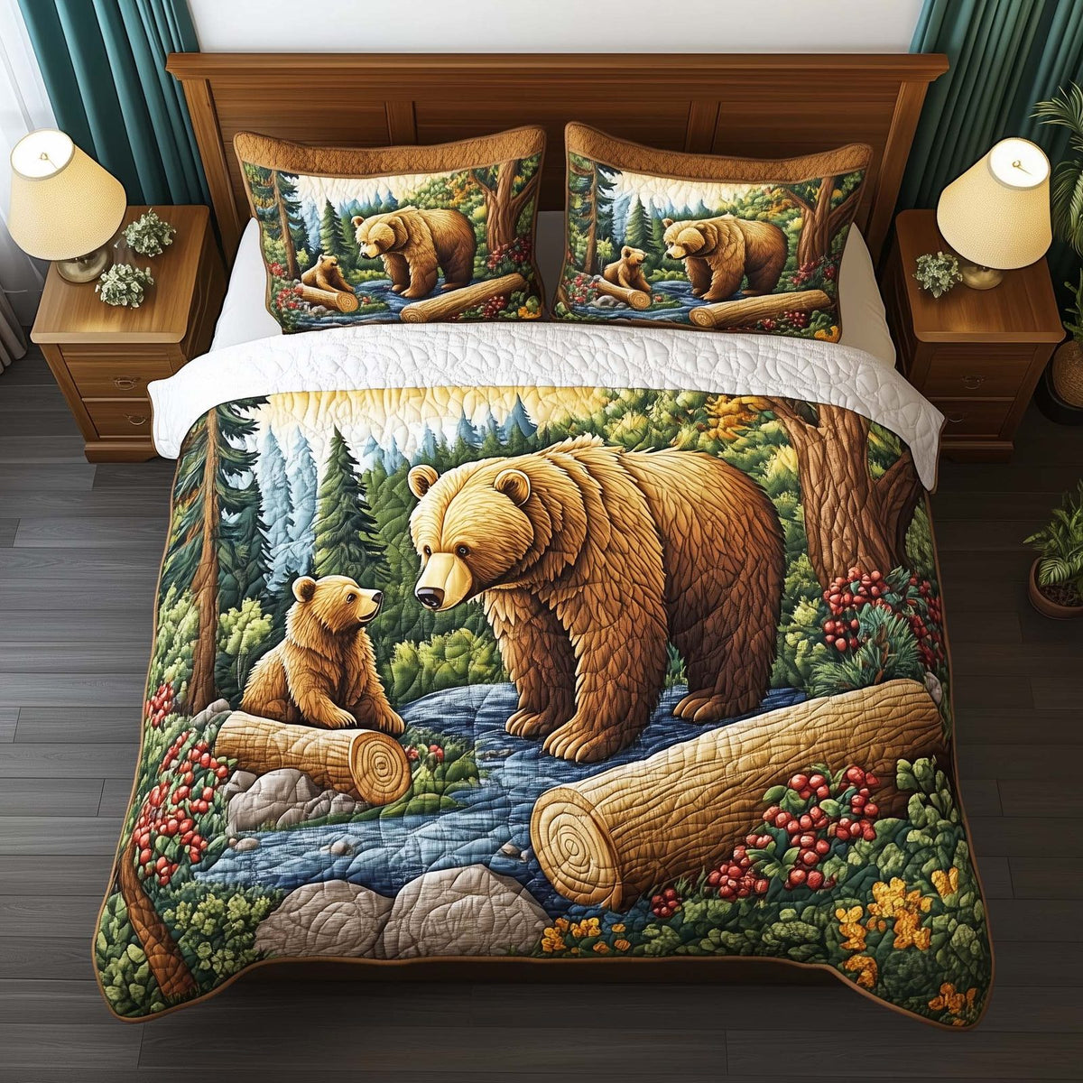 Bear Family quilted 3-piece bedding set on a made bed with two matching pillow shams