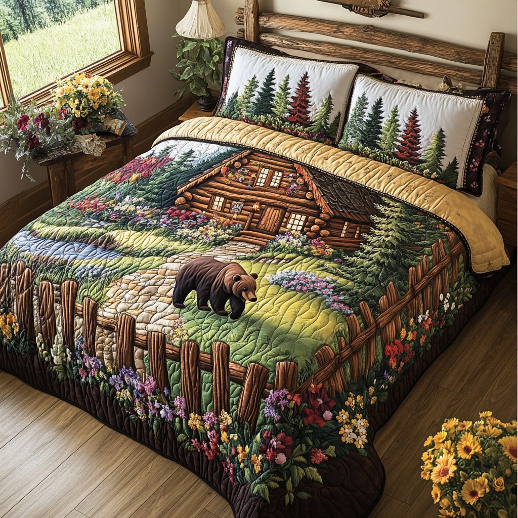 Bear Garden Cabin quilted 3-piece bedding set on a made bed with two matching pillow shams