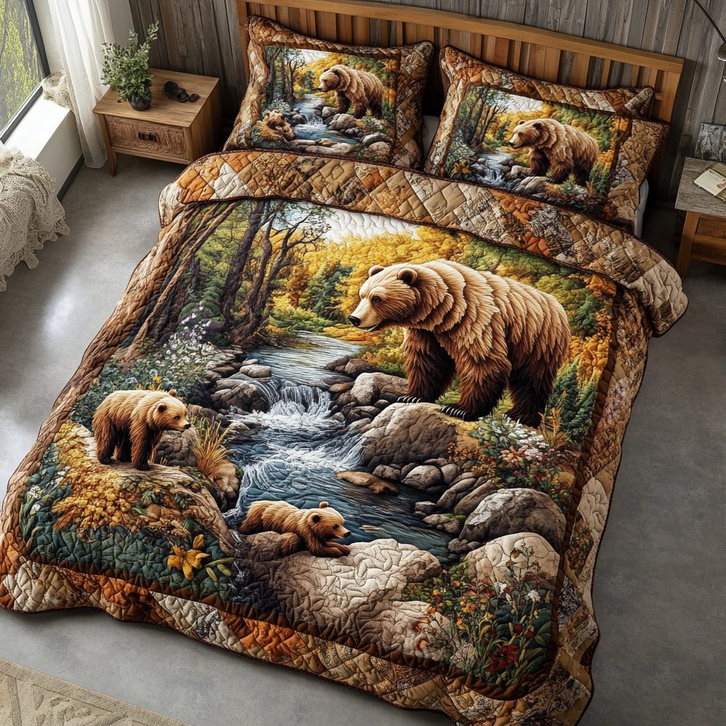 Bear Haven quilted 3-piece bedding set on a made bed with two matching pillow shams
