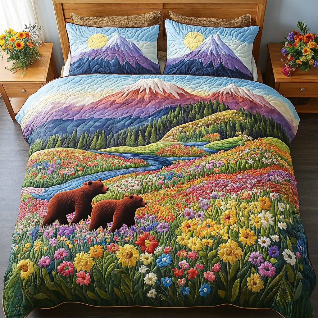 Bear Haven quilted 3-piece bedding set on a made bed with two matching pillow shams