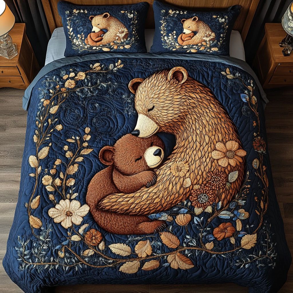 Bear Haven quilted 3-piece bedding set on a made bed with two matching pillow shams