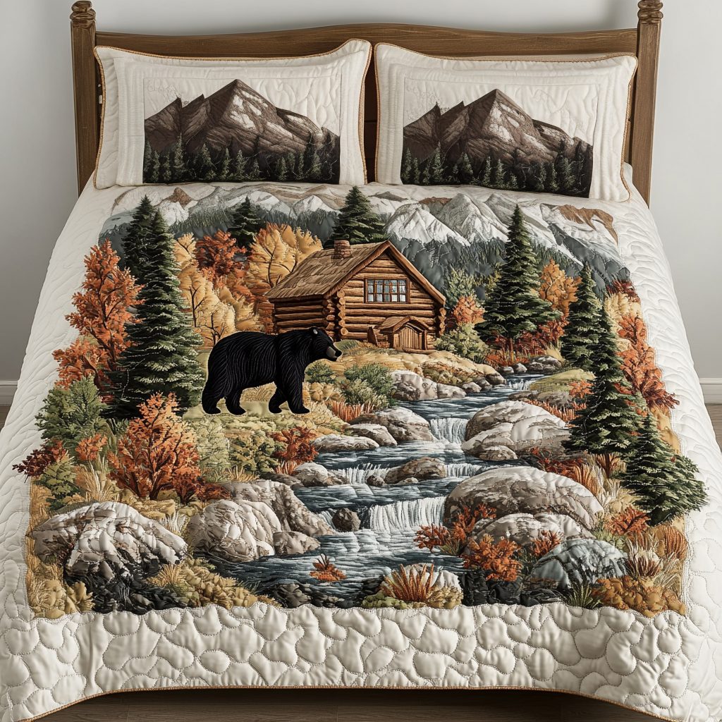 Bear Haven quilted 3-piece bedding set on a made bed with two matching pillow shams