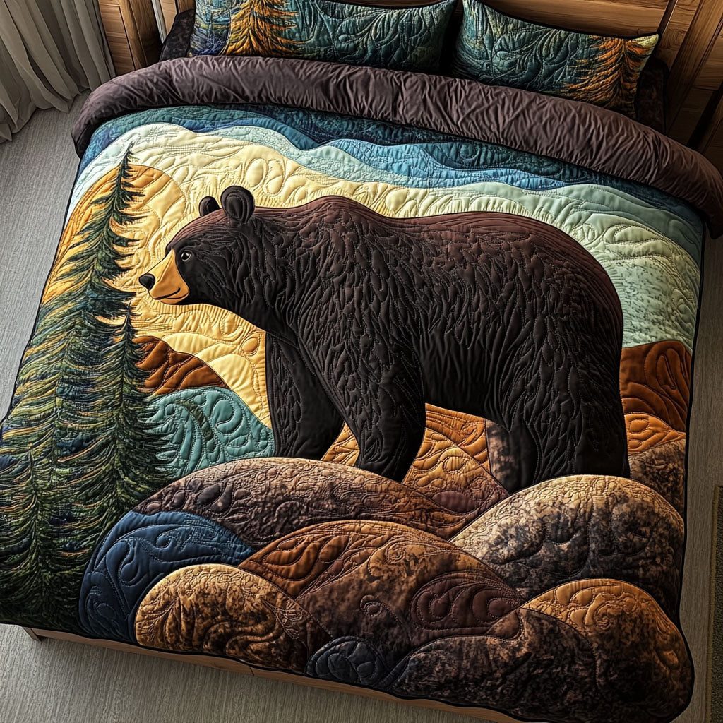 Bear Meadow quilted 3-piece bedding set on a made bed with two matching pillow shams