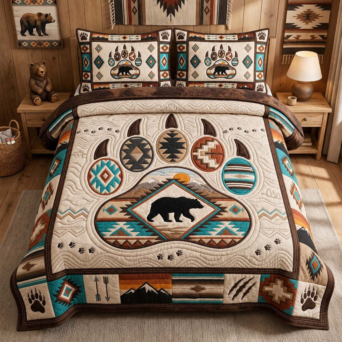 Bear Paw Lodge quilted 3-piece bedding set on a made bed with two matching pillow shams